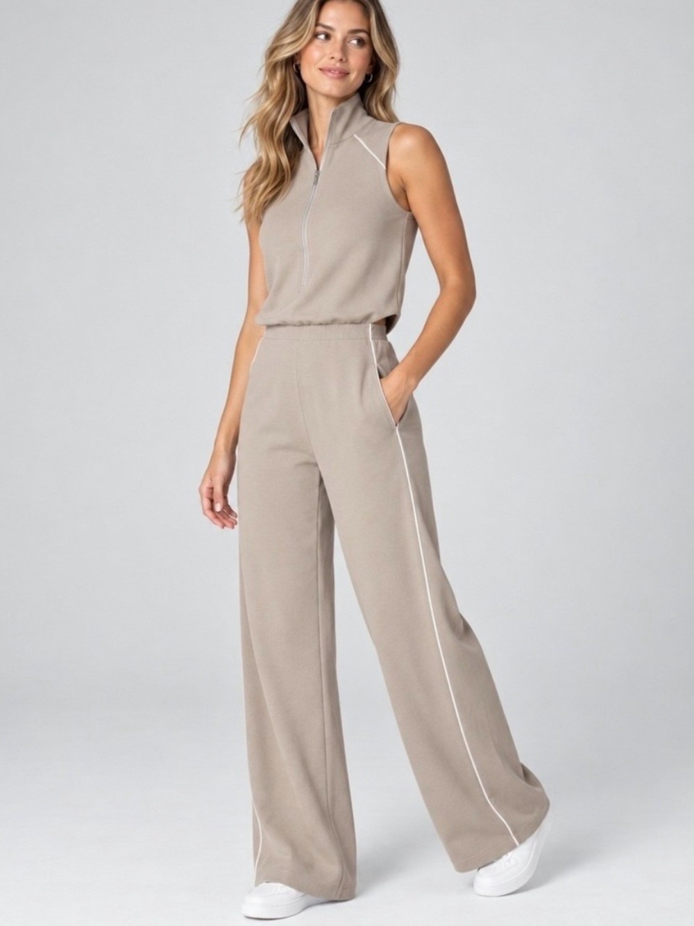 Spanx AirEssentials Sleeveless Jumpsuit Womens Petite Small Beige Wide Leg